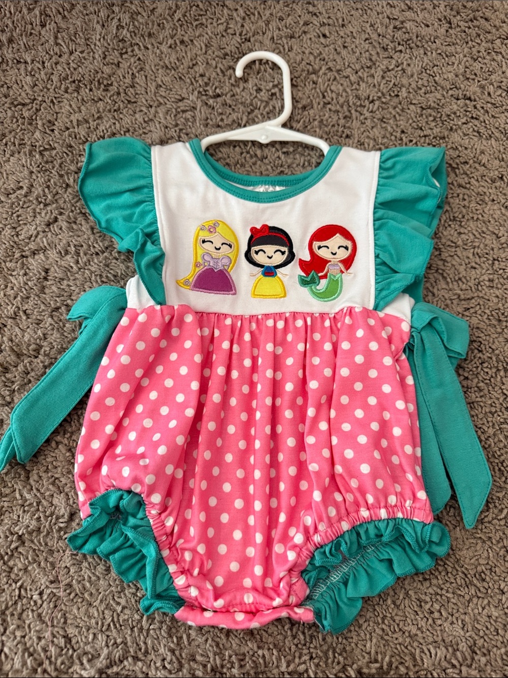 Disney Pink Polka Dot One-Piece Romper with Teal Ruffle Sleeves